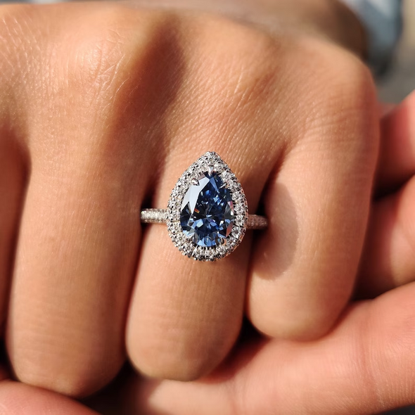 Halo Pear Cut Blue Stone Engagement Ring Three Sided Pave In Sterling Silver