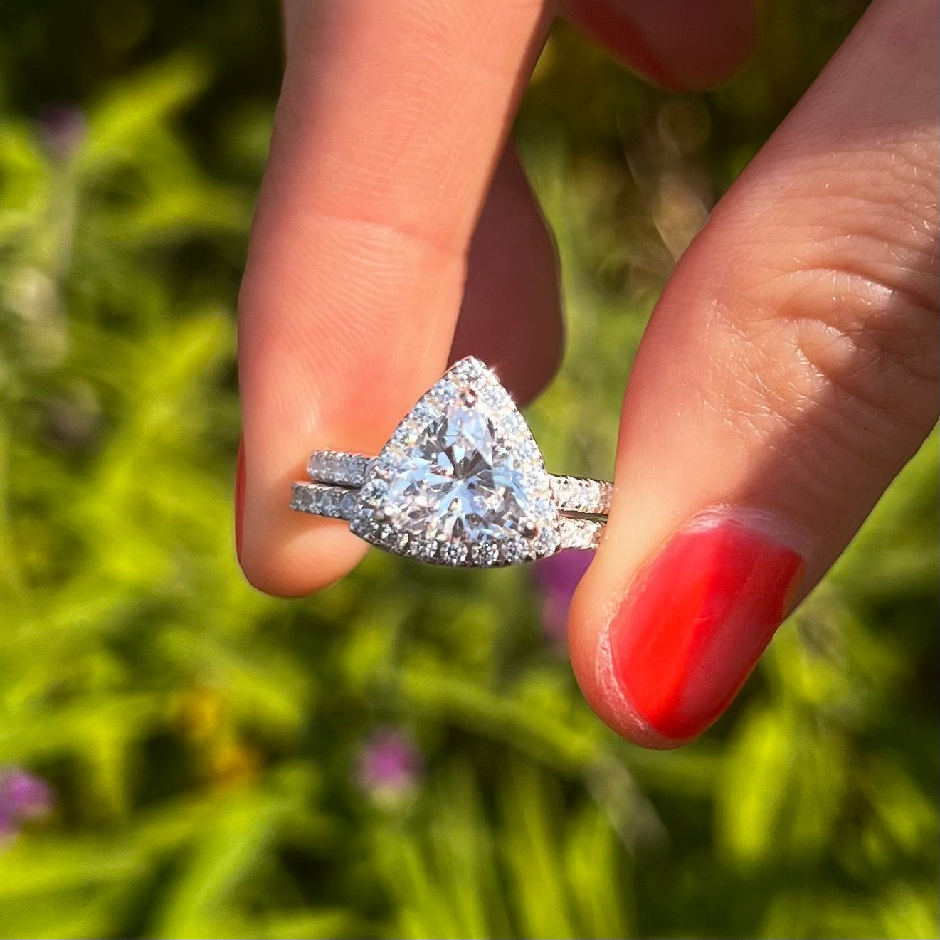 2 Pcs Triangle Halo Sterling Silver Bridal Set With Eternity Band