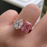 Two Stone Pear Cut & Emerald Cut Ring in Rose Gold/Golden Tone
