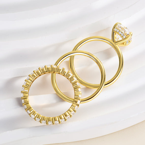 Luxurious 3PCS Golden Tone Oval Cut  Sterling Silver Wedding Bridal Set