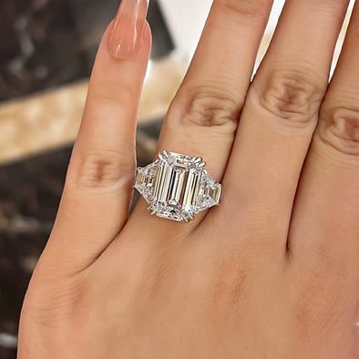 Gorgeous Emerald Cut Three Stone Engagement Ring In Sterling