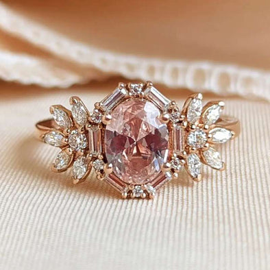 Vintage Halo Rose Golden Pink Oval Cut Sterling Silver Engagement Ring
