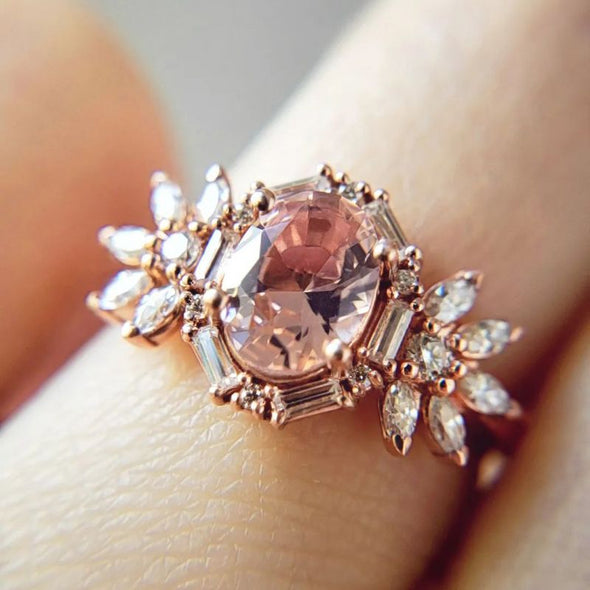 Vintage Halo Rose Golden Pink Oval Cut Sterling Silver Engagement Ring