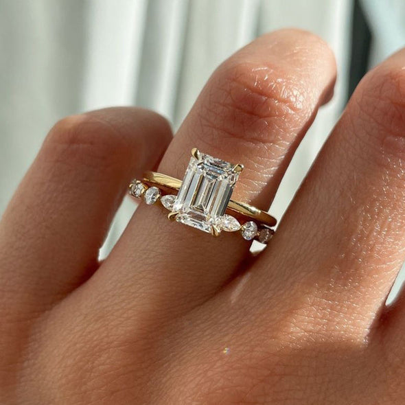 Exclusive Golden Tone Emerald Cut Bridal Set For Women In Sterling Silver