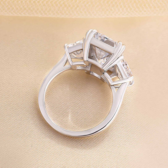 Gorgeous Emerald Cut Three Stone Engagement Ring In Sterling Silver