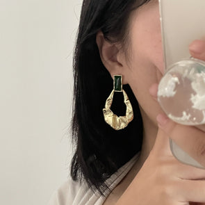 French Retro Golden Tone Wrinkled Geometric Design Earrings