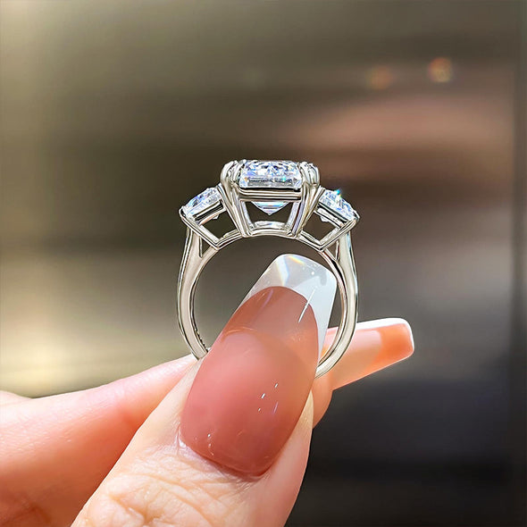 Gorgeous Emerald Cut Three Stone Engagement Ring In Sterling Silver