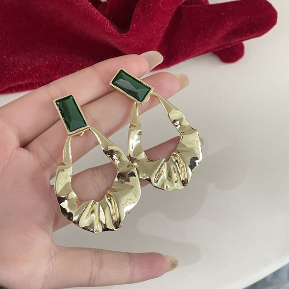 French Retro Golden Tone Wrinkled Geometric Design Earrings