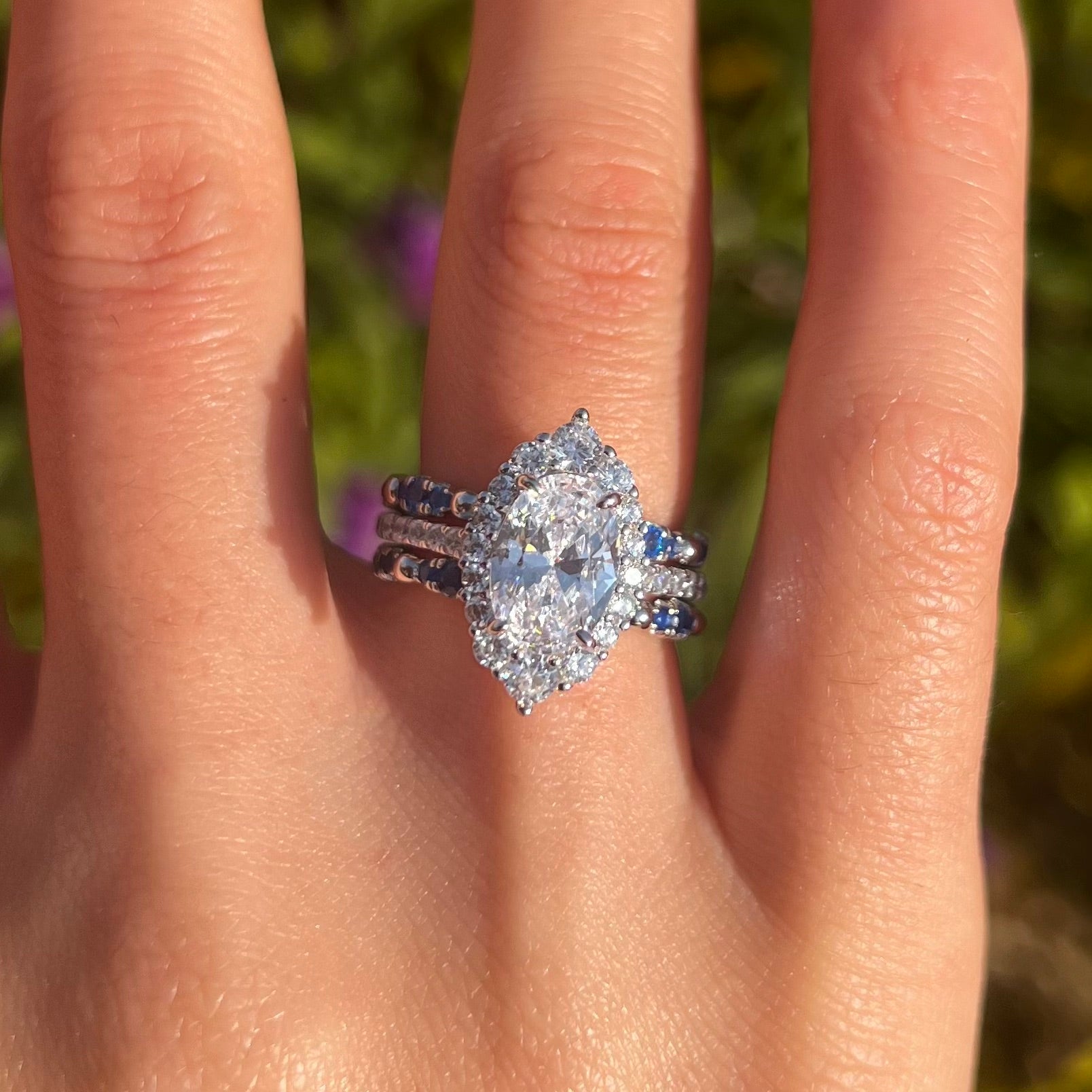 Exquisite 3 Pcs Oval Cut Halo Sterling Silver Bridal Set