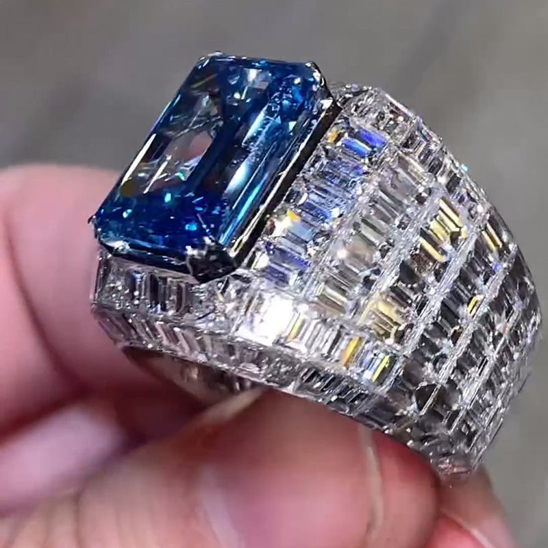 Blue Sapphire  Emerald Cut Luxury Men's Ring in Sterling Silver