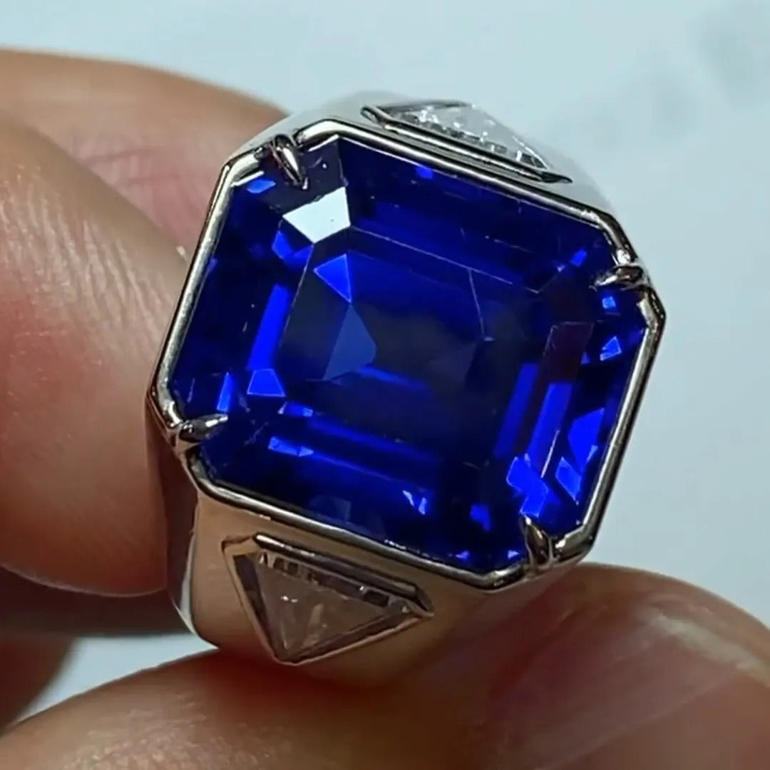 Handmade 10ct Cushion Cut Sapphire Sterling Silver Men's Ring