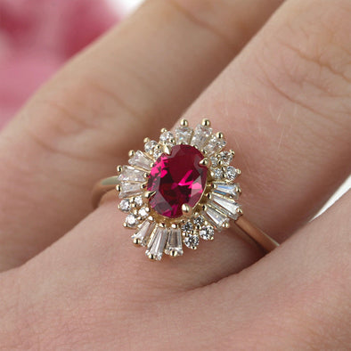 Vintage Golden Tone Cluster Ruby Oval Cut Sterling Silver Engagement Ring