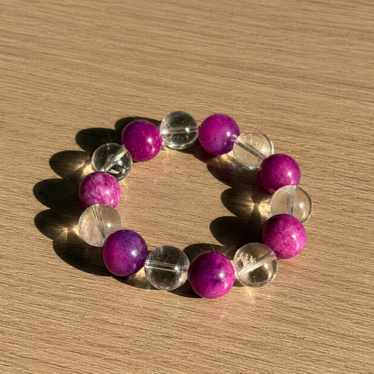 Natural Sugilite & Clear Quartz Bracelet – 12mm Purple Gemstone Beaded Bracelet for Women