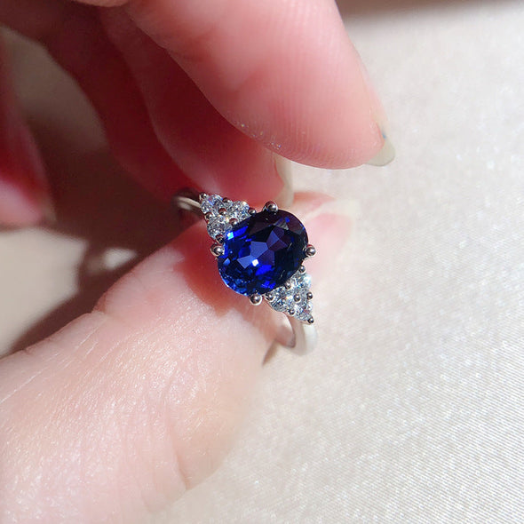 Blue Oval Cut Sterling Silver Ring