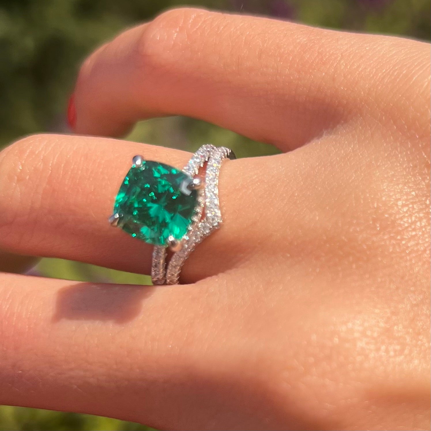 Vintage 2 Pcs Green Cushion Cut Hidden Halo Bridal Sets In Sterling Silver