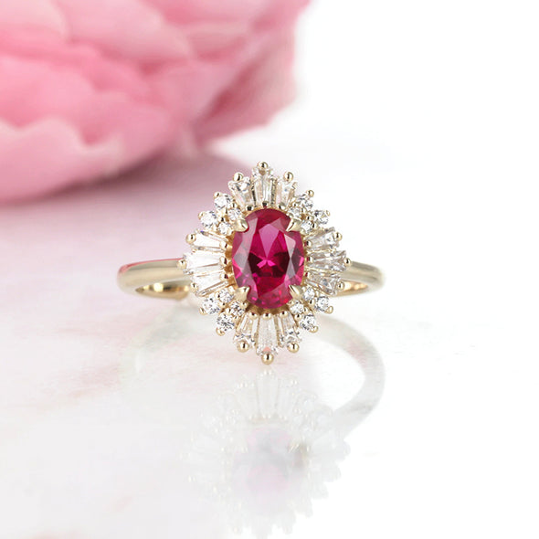 Vintage Golden Tone Cluster Ruby / Emerald Oval Cut Sterling Silver Engagement Ring