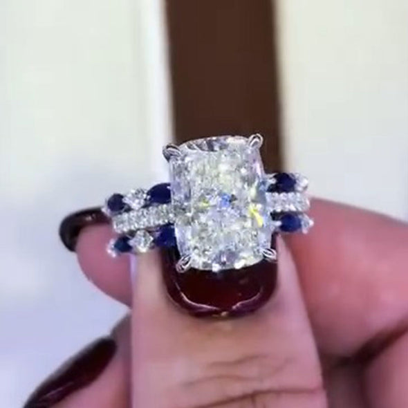 Vintage 2 PCS Blue Cushion Cut Sterling Silver Bridal Set