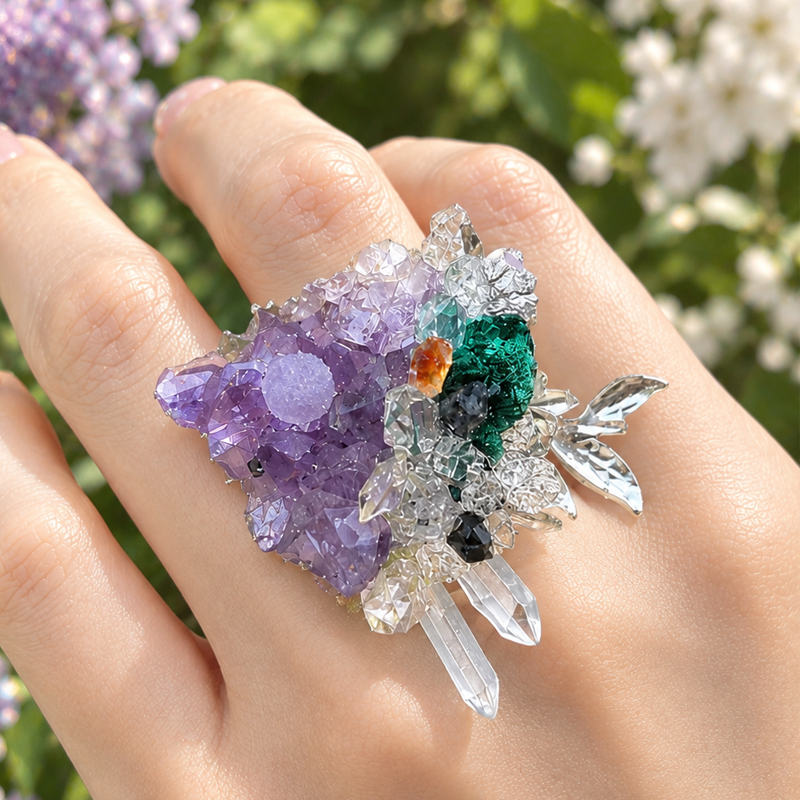 Amethyst & Green Tourmaline Raw One of a  Kind Fish Ring