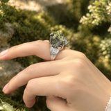 Raw Natural Green Crystal Statement Ring in Silver Tone