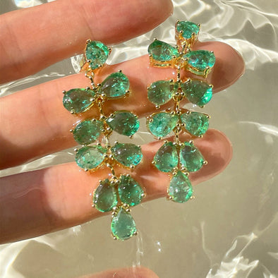 Golden Tone Emerald Green Simulate Crystal Leaves Drop Earrings
