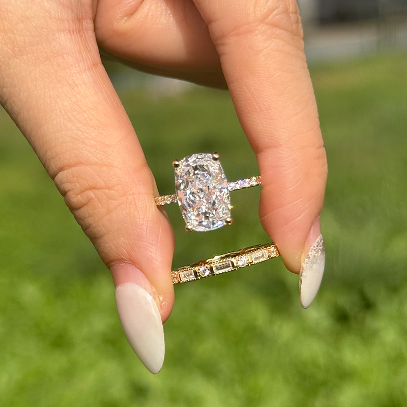 2PCS Rectangular Radiant Cut Solitaire Engagement Ring & Eternity Wedding Band Set – Gold Plated 925 Sterling Silver Bridal Rings for Women