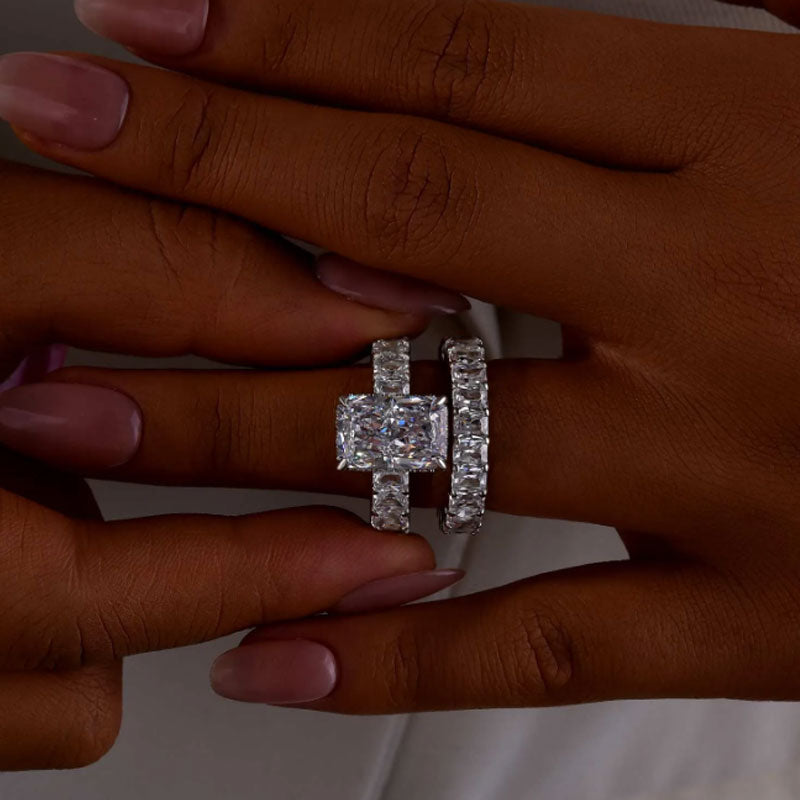 2Pcs Radiant Cut Sterling Silver Bridal Set with Eternity Band