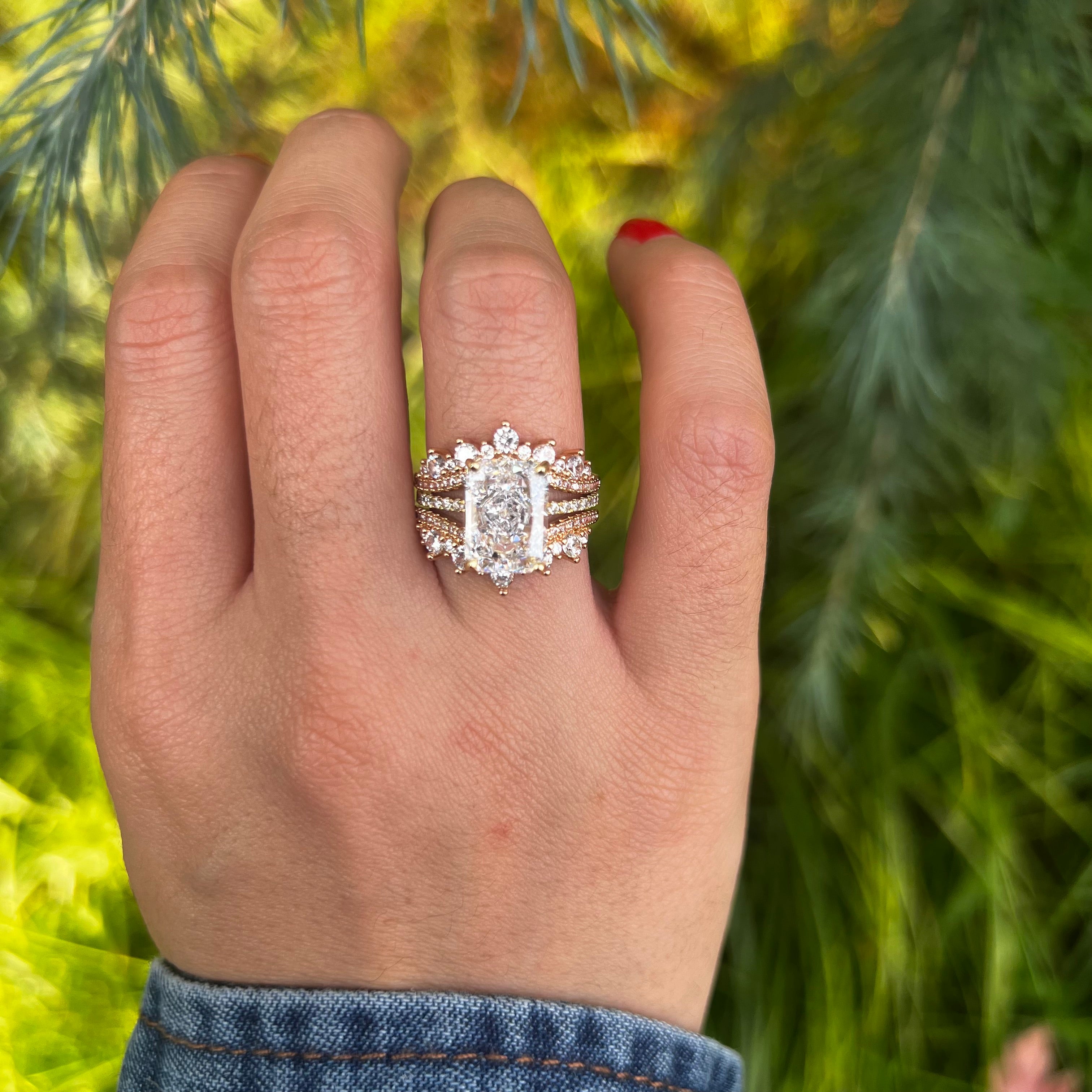 2 Pcs Radiant Cut Insert Wedding Ring Set With Crown-Shaped Band