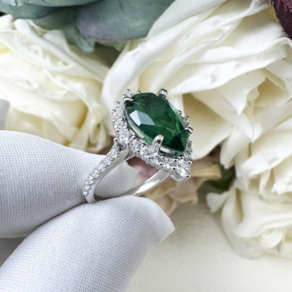 Unique 2.2ct Emerald Green Pear Cut  Sterling Silver Engagement Ring