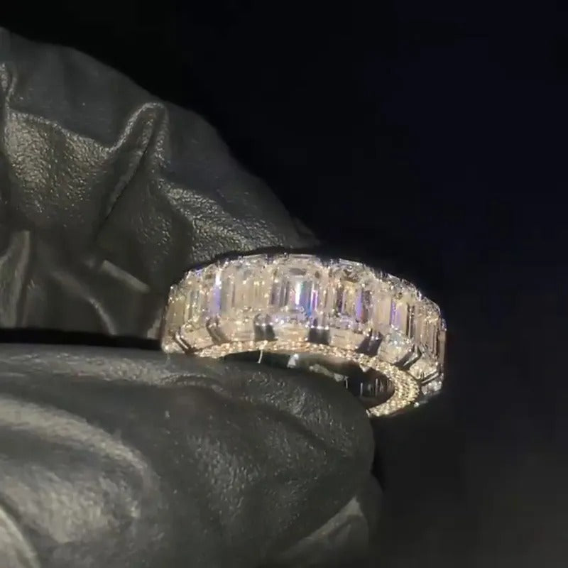 Men's 1ct Each Emerald Cut White Sapphire Eternity Paved Handmade Engagement Ring