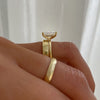 2PCS Golden Tone Hidden Halo Radiant Cut Plain Matching Band Bridal Set