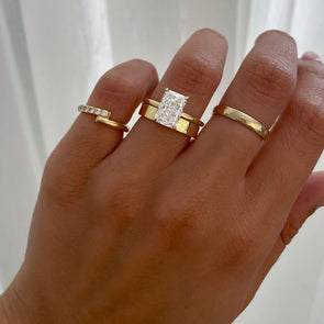 2PCS Golden Tone Hidden Halo Radiant Cut Plain Matching Band Bridal Set