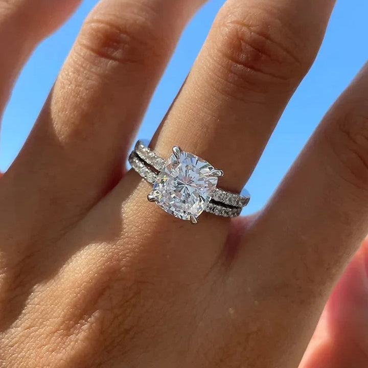 Carat Cushion Cut Engagement Diamond Silver Ring Set For Women