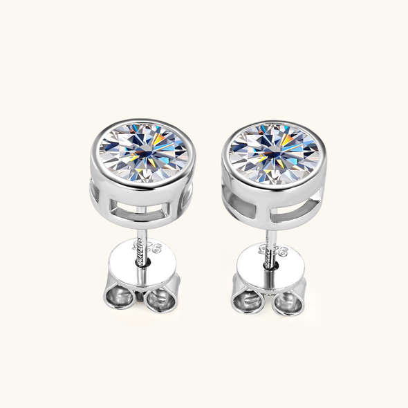 Moissanite  Round Cut Bezel Stud Earrings In Sterling Silver