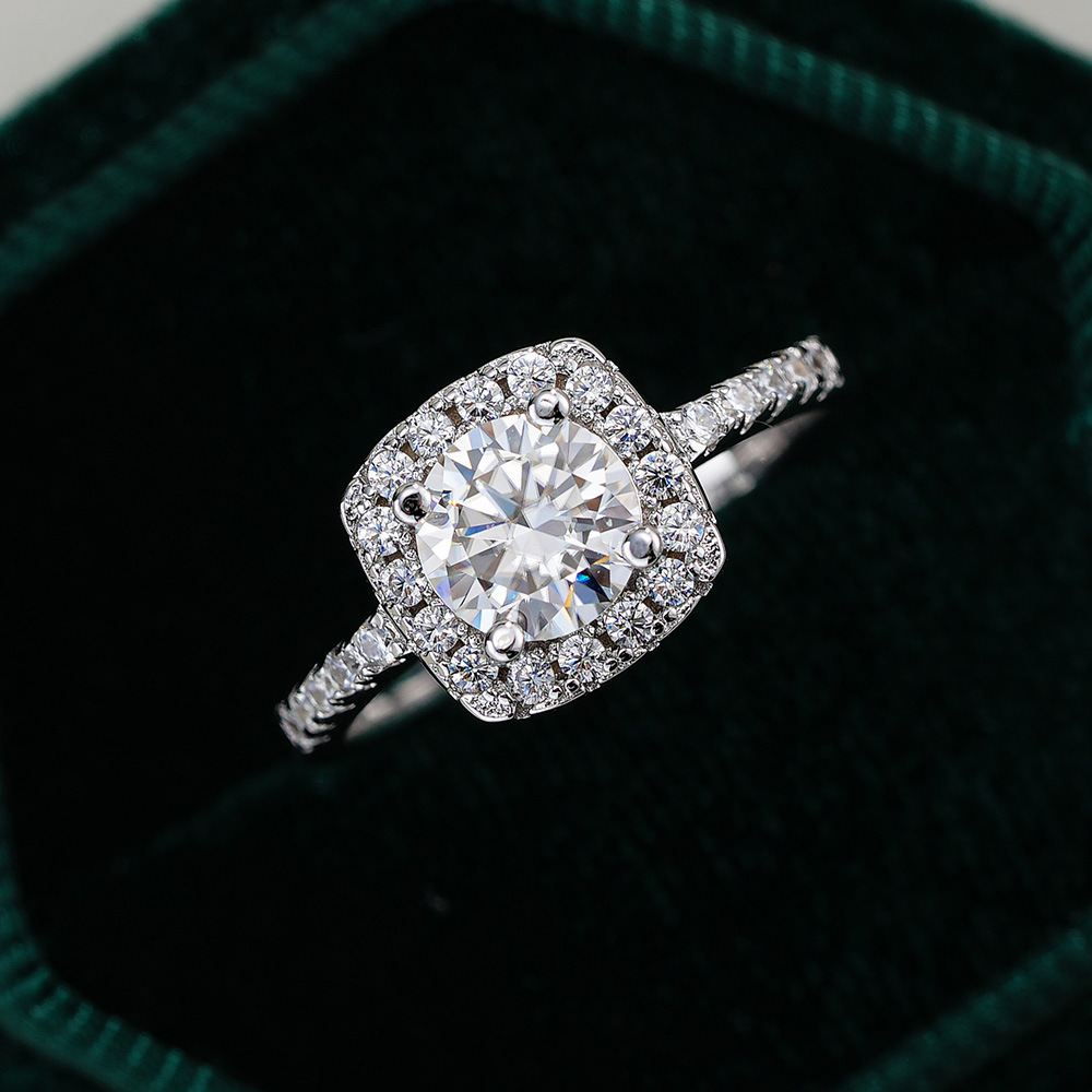 Moissanite Halo Round Cut Sterling Silver Engagement Ring