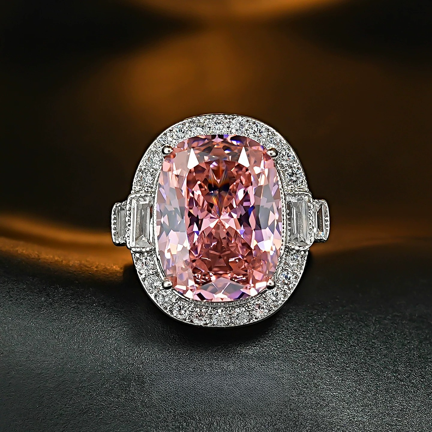 Retro Radiant Cut Colorful Gemstone Engagement Ring with Double Halo & Baguette Accents