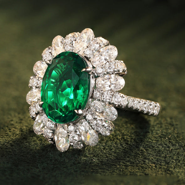 Gorgeous Emerald Green Halo Oval Cut Sterling Silver Engagement Ring