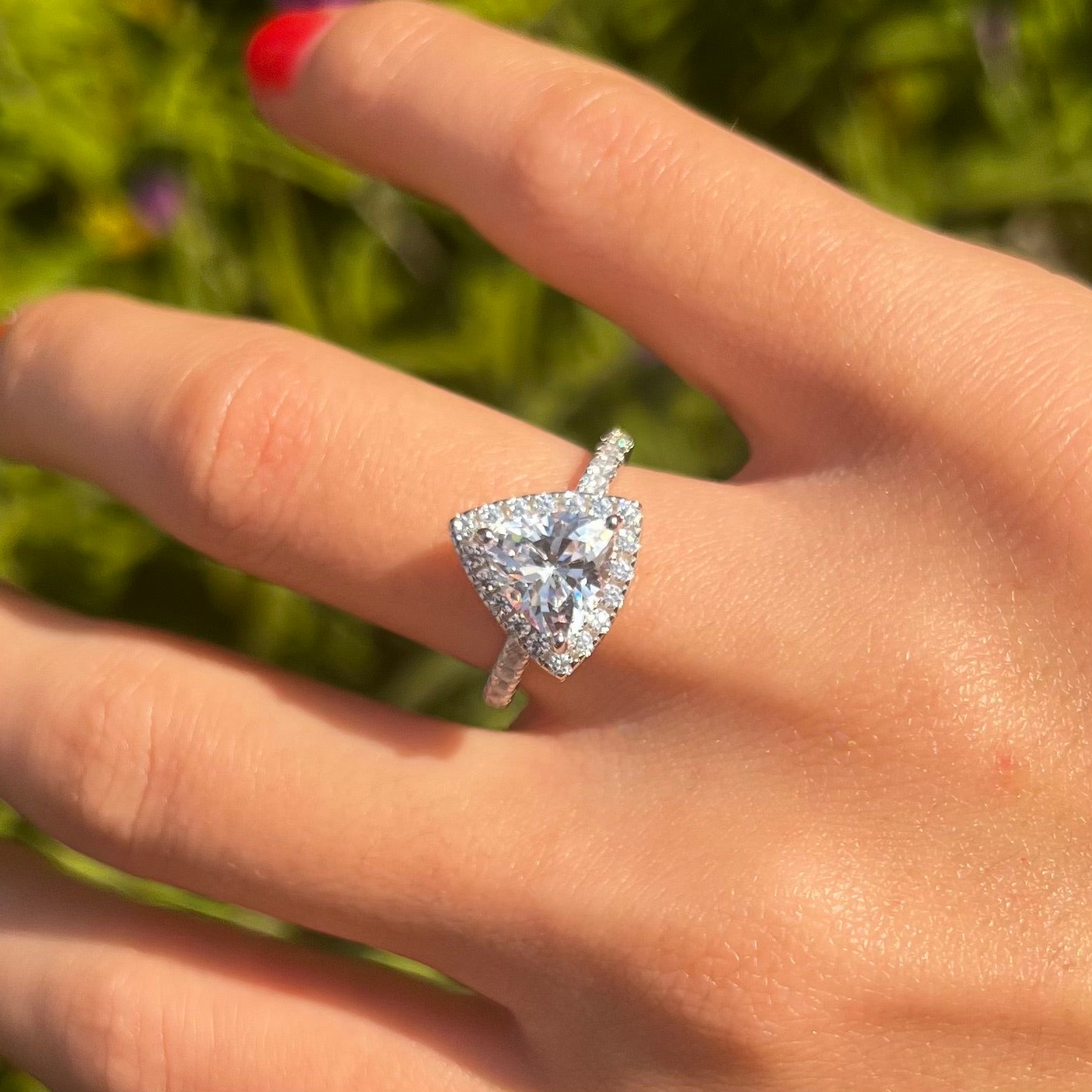 2 Pcs Triangle Halo Sterling Silver Bridal Set With Blue Band