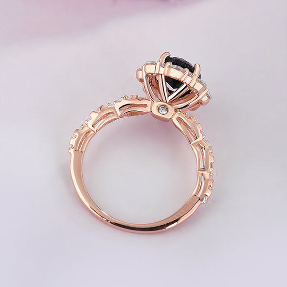 Unique Rose Gold Halo Oval Cut Black Sandstone Sterling Silver Engagement Ring