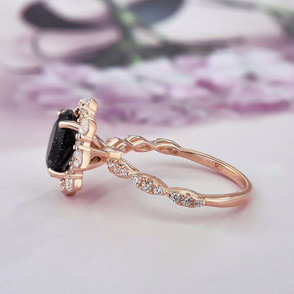 Unique Rose Gold Halo Oval Cut Black Sandstone Sterling Silver Engagement Ring