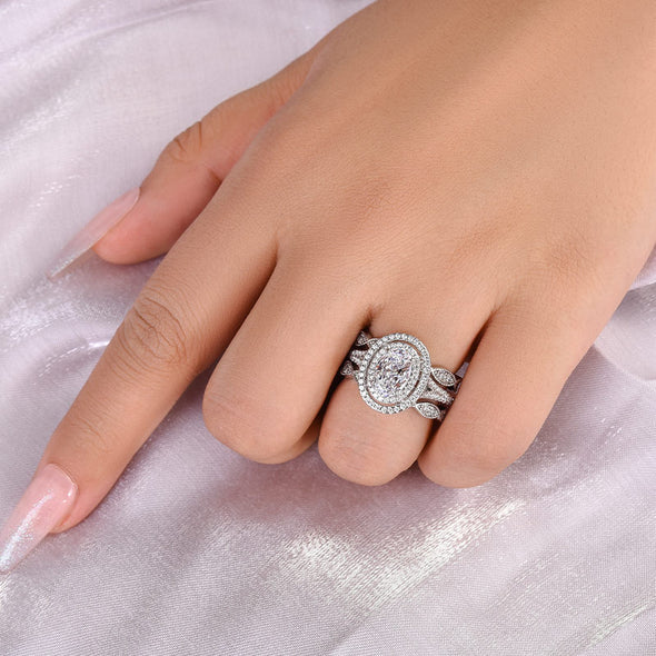 Oval Cut Double Halo Bridal Set with Double Edge Band Enhancer Ring Set