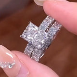 2Pcs Radiant Cut Sterling Silver Bridal Set with Eternity Band