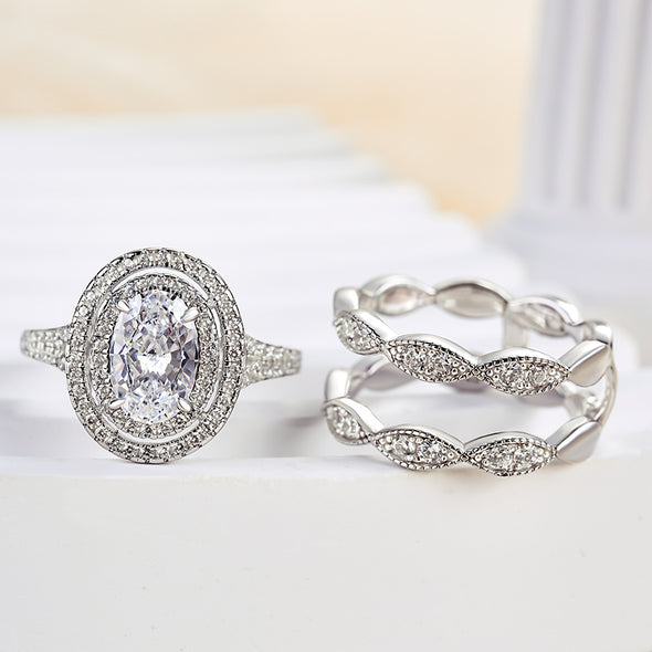 Oval Cut Double Halo Bridal Set with Double Edge Band Enhancer Ring Set