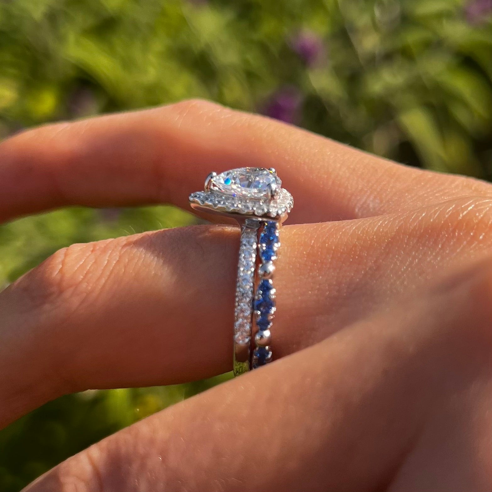 2 Pcs Triangle Halo Sterling Silver Bridal Set With Blue Band