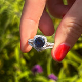 Royal Blue Cushion Cut Halo Bridal Set With V-Shape Band