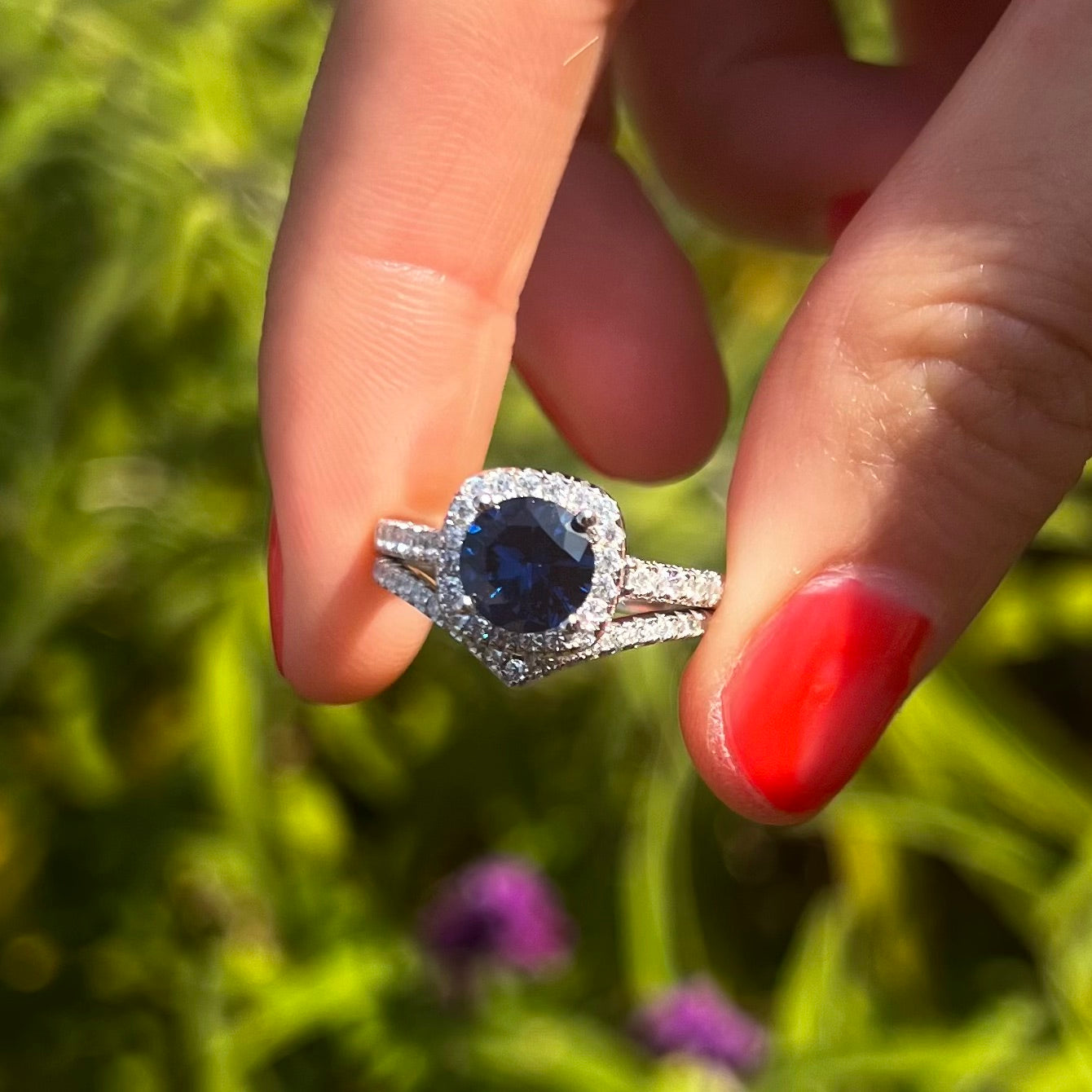 Royal Blue Cushion Cut Halo Bridal Set With V-Shape Band