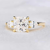 Three Stone Golden Tone Cushion Cut Sterling Silver Engagement Ring