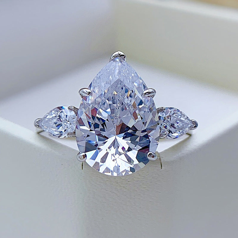 Classic Three Stone Yellow Pear Cut Sterling Silver Engagement Ring