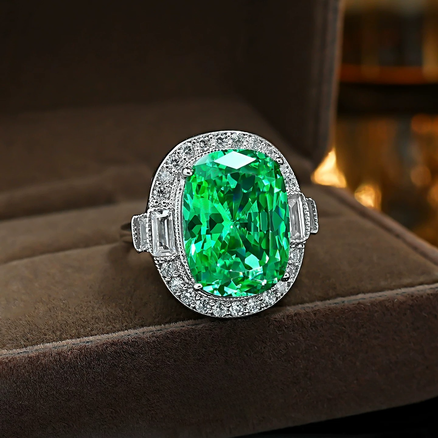Retro Radiant Cut Colorful Gemstone Engagement Ring with Double Halo & Baguette Accents