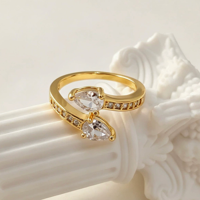 Gold Plated Double Teardrop Crystal Open Ring