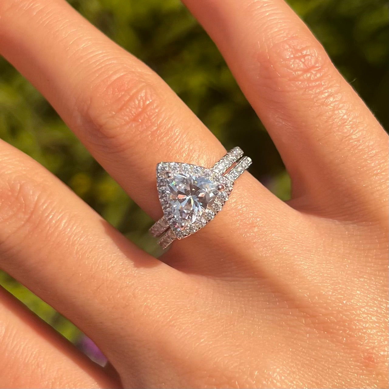 2 Pcs Triangle Halo Sterling Silver Bridal Set With Eternity Band